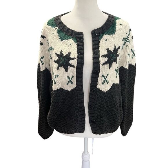 Vintage L.L. Bean Snowflake Fair Isle Cotton Knit Cardigan Sweater M - Picture 2 of 6